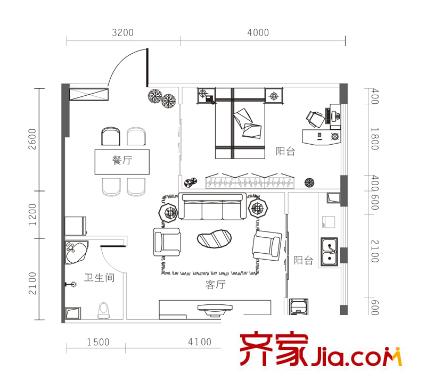 I DO1號棟C戶型 1室2廳1衛(wèi)1廚