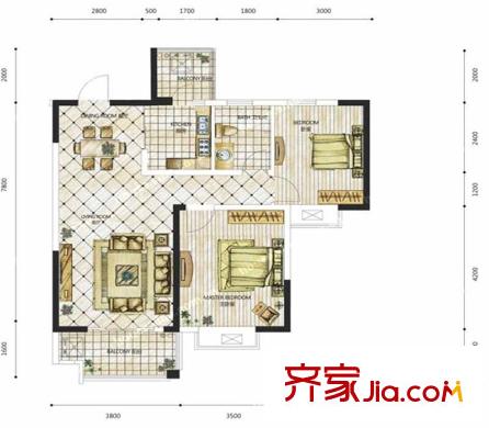紫云閣2棟F戶型 2室2廳1衛(wèi)1廚