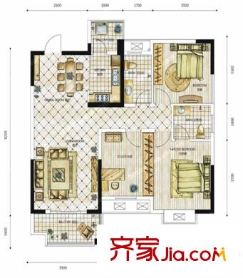 紫云閣1棟C戶型 3室2廳2衛(wèi)1廚