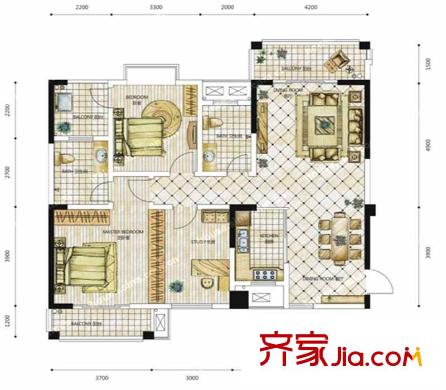 紫云閣3棟A戶型 3室2廳2衛(wèi)1廚
