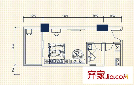 錦泰東環(huán)國際1棟24層朝西A4戶型 1室1廳1衛(wèi)1廚