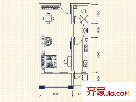 錦泰東環(huán)國際1棟24層朝南B4-1戶型 1室1廳1衛(wèi)1廚