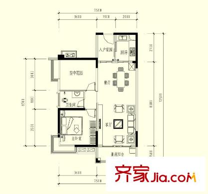 松雅湖金岸I戶型 2室2廳1衛(wèi)1廚