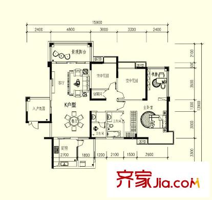 松雅湖金岸K戶型 3室2廳2衛(wèi)1廚