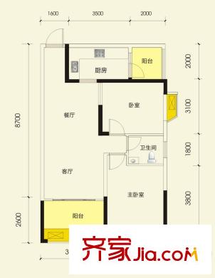 地華梅溪湖畔A3戶型 2室2廳1衛(wèi)