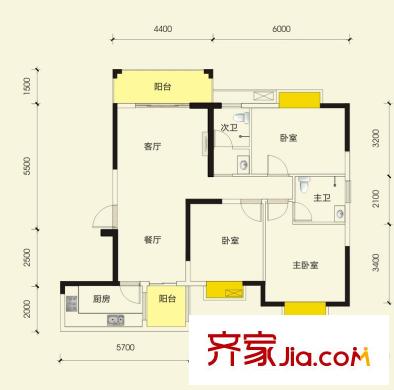 地華梅溪湖畔A1戶型 3室2廳2衛(wèi)