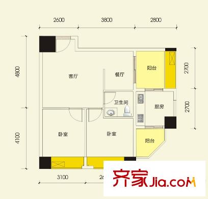 地華梅溪湖畔B2戶型 2室2廳1衛(wèi)