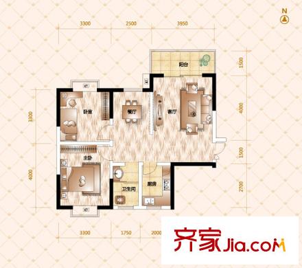 恒廣國際景園8-13號棟A-3戶型 2室2廳1衛(wèi)1廚