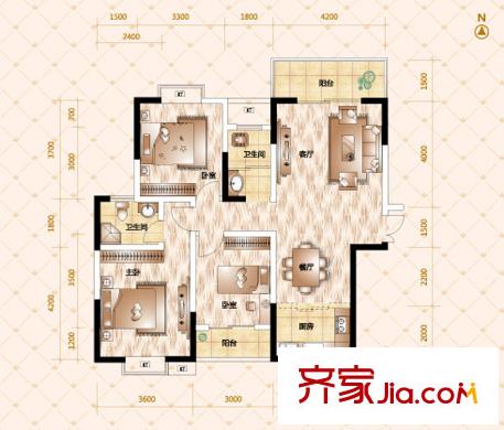 恒廣國際景園8-13號棟D-3戶型 3室2廳2衛(wèi)1廚