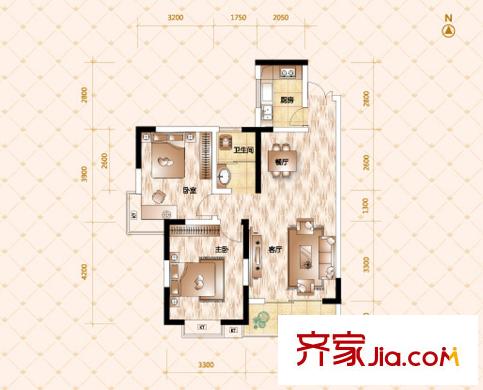 恒廣國際景園B-1戶型 2室2廳1衛(wèi)1廚