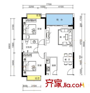 i尚國際1棟27層朝北A戶型 2室2廳1衛(wèi)1廚