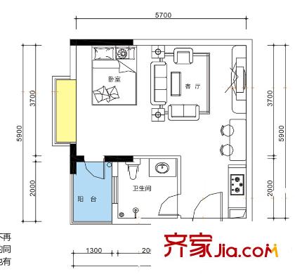 i尚國際1棟27層朝西C戶型 1室1廳1衛(wèi)1廚