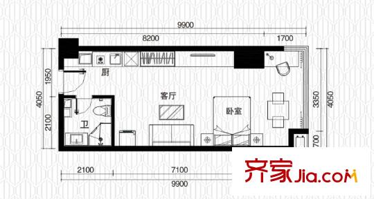 恒大金都一期31層朝東F戶型 1室1廳1衛(wèi)