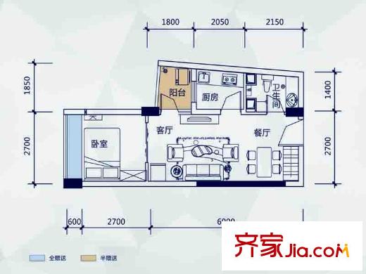 金房奧斯卡二期8棟C6戶型 1室2廳1衛(wèi)1廚