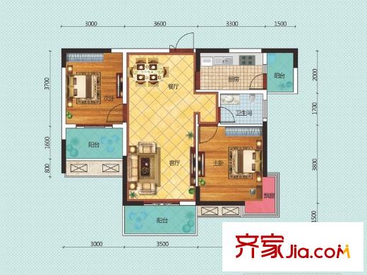麓山峰境2-C戶(hù)型 2室2廳1衛(wèi)1廚