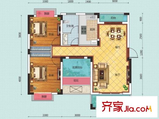 麓山峰境1-A戶型 2室2廳1衛(wèi)1廚