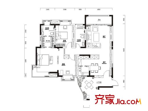 長盛嵐庭D戶型下層 3室2廳2衛(wèi)1廚