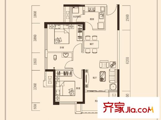 旭輝御府F戶型 2室2廳1衛(wèi)1廚