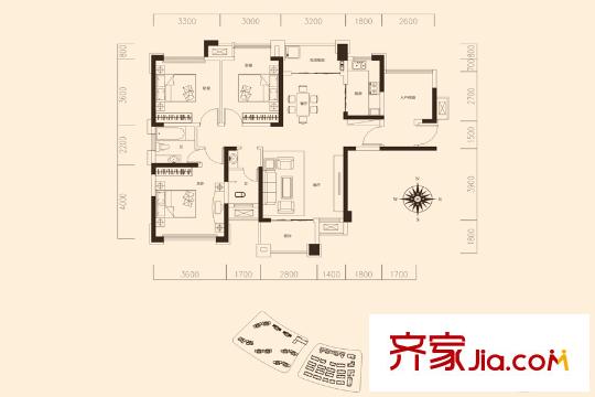 旭輝御府3棟4棟H戶型 3室2廳1衛(wèi)1廚