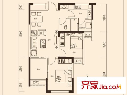 旭輝御府E戶型 2室2廳1衛(wèi)1廚