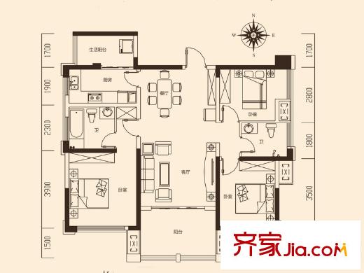 旭輝御府1-2棟K戶型 3室2廳2衛(wèi)1廚