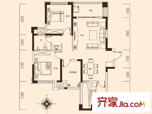 旭輝御府1-2棟I戶型 3室2廳1衛(wèi)1廚