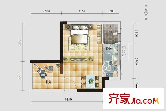 芙蓉國(guó)里單身公寓A4戶型 1室1廳1衛(wèi)1廚