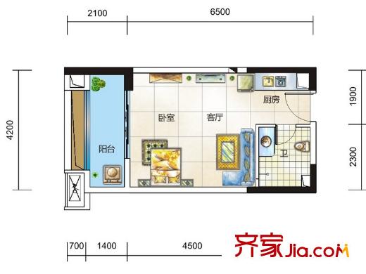 中一九駿7-5戶型 1室1廳1衛(wèi)1廚