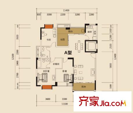 卓越蔚藍海岸二期A戶型 3室2廳2衛(wèi)