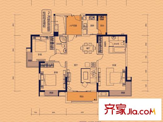 卓越蔚藍海岸7棟A戶型 3室2廳2衛(wèi)1廚