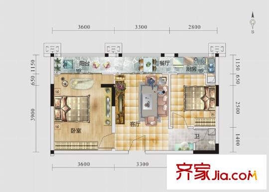芙蓉國(guó)里B3戶型 2室2廳1衛(wèi)1廚