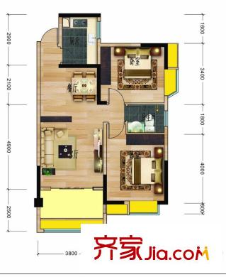地華梅溪湖畔3棟C2戶型 2室2廳1衛(wèi)1廚