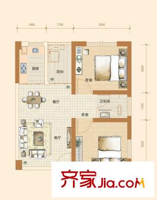 水岸世景1號棟D戶型 2室2廳1衛(wèi)1廚