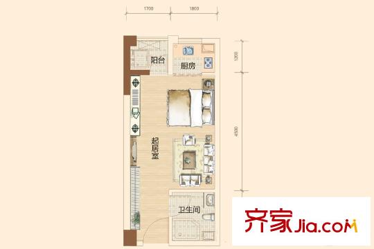 水岸世景1號棟1A戶型 1室1廳1衛(wèi)1廚