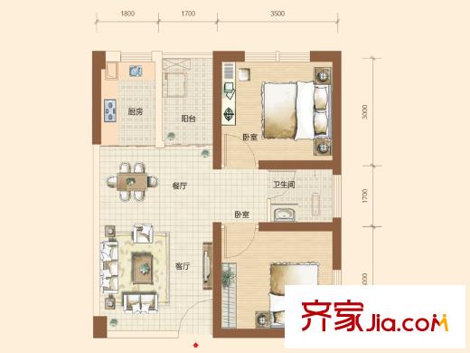 水岸世景1號棟D戶型 2室2廳1衛(wèi)1廚