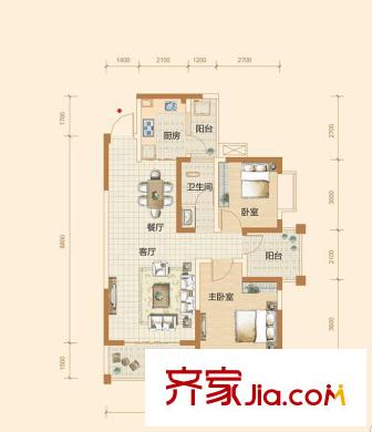 水岸世景B2-F2戶型 2室2廳1衛(wèi)1廚
