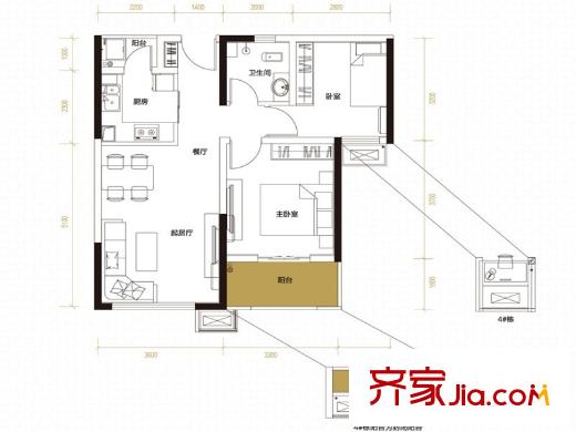 中國鐵建梅溪青秀1-8號棟A-1戶型 2室2廳1衛(wèi)1廚