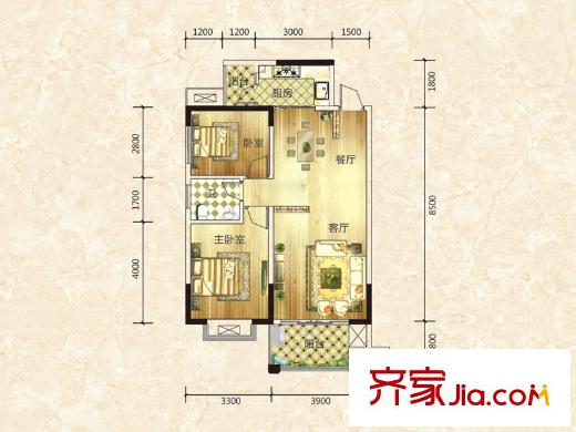 長房白沙灣二期B3-03、04戶型 2室2廳1衛(wèi)
