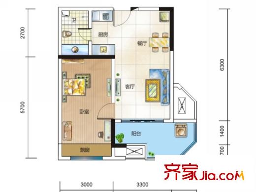 中一九駿7-14戶型 1室1廳1衛(wèi)1廚