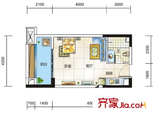 中一九駿7-7戶型 1室1廳1衛(wèi)1廚