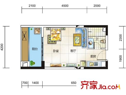 中一九駿7-3戶型 1室1廳1衛(wèi)1廚