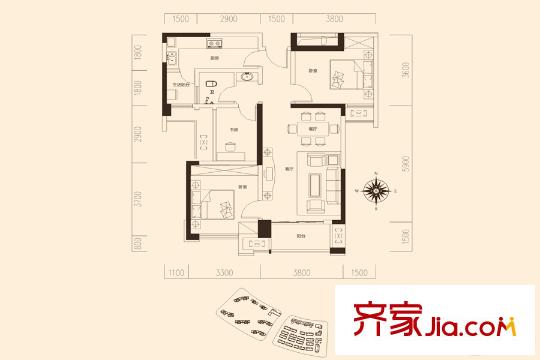 旭輝御府3棟4棟B2戶型 3室2廳1衛(wèi)1廚
