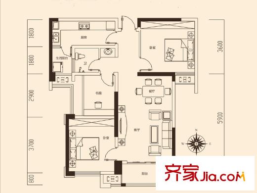 旭輝御府1-2棟B4戶型 3室2廳1衛(wèi)1廚