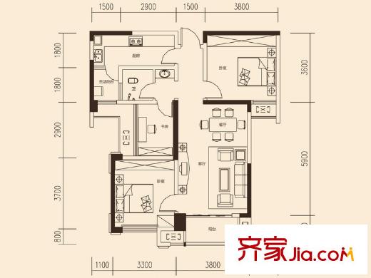 旭輝御府B戶型 3室2廳1衛(wèi)1廚