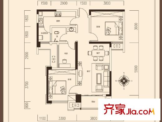 旭輝御府B1戶型 3室2廳1衛(wèi)1廚