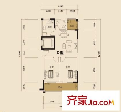 卓越蔚藍海岸二期D戶型 2室2廳1衛(wèi)