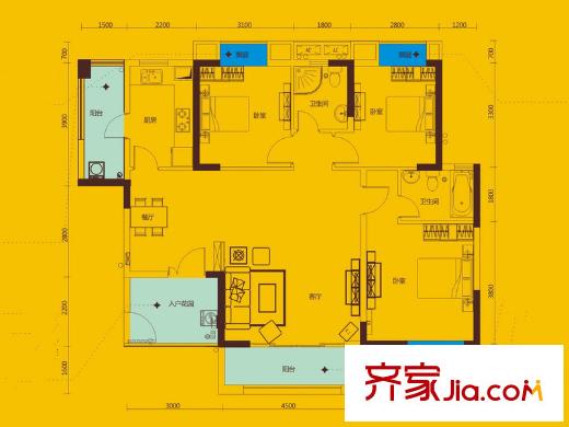 卓越蔚藍海岸11.12棟C戶型 3室2廳2衛(wèi)1廚