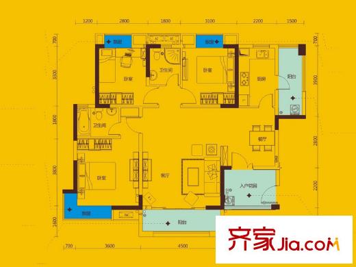 卓越蔚藍海岸10.11.12棟B戶型 3室2廳2衛(wèi)1廚