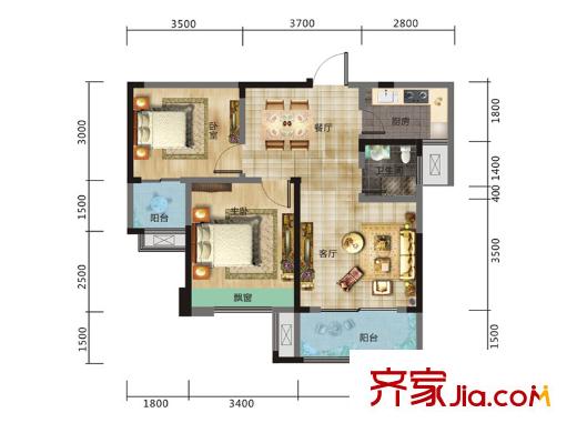領(lǐng)東匯3#棟D4戶型 2室2廳1衛(wèi)1廚