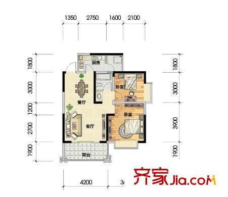蝴蝶谷8號(hào)棟G戶(hù)型 2室2廳1衛(wèi)1廚
